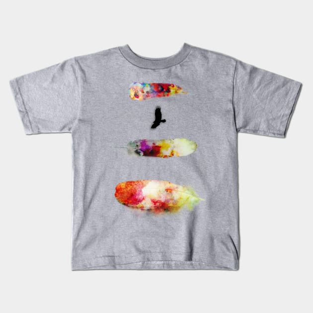 Three Water Colour Feathers and a Bird Kids T-Shirt by DyrkWyst